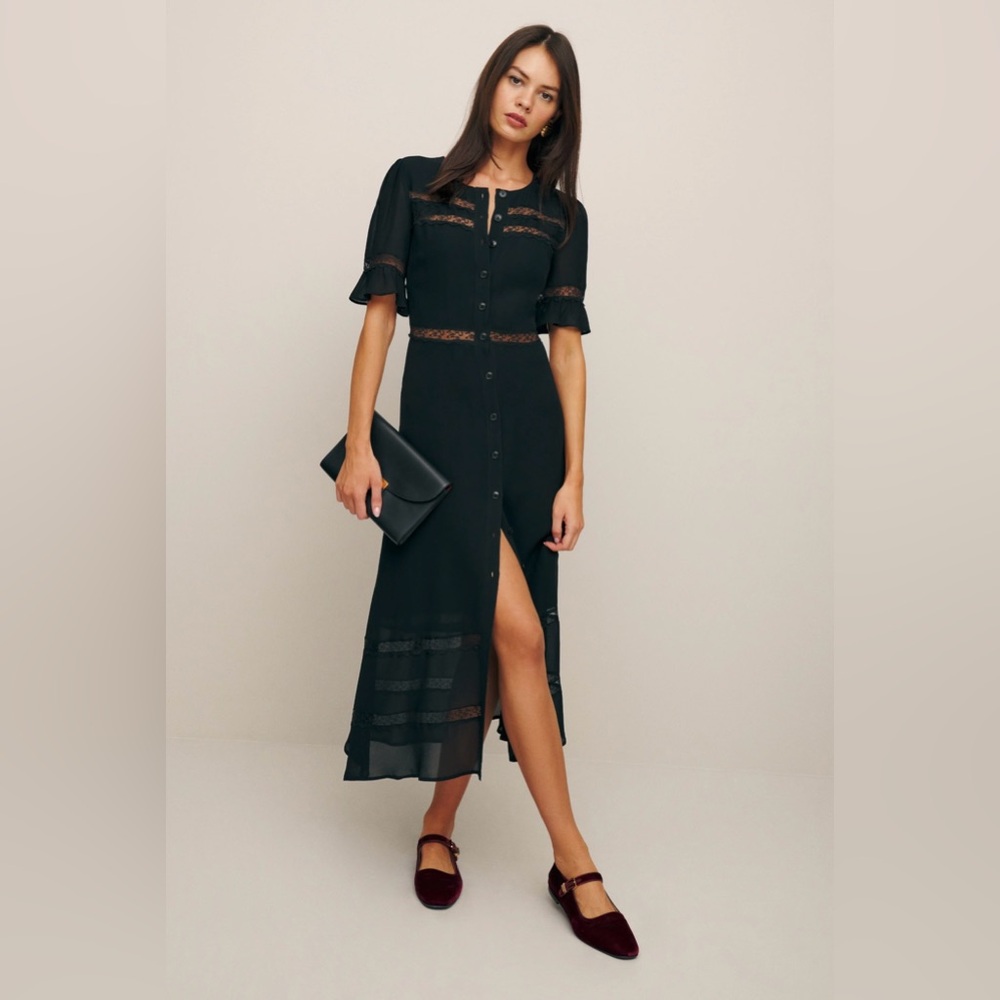NEW Reformation Woodson Dress size 0 Black Midi fitted Dress with Lace Details